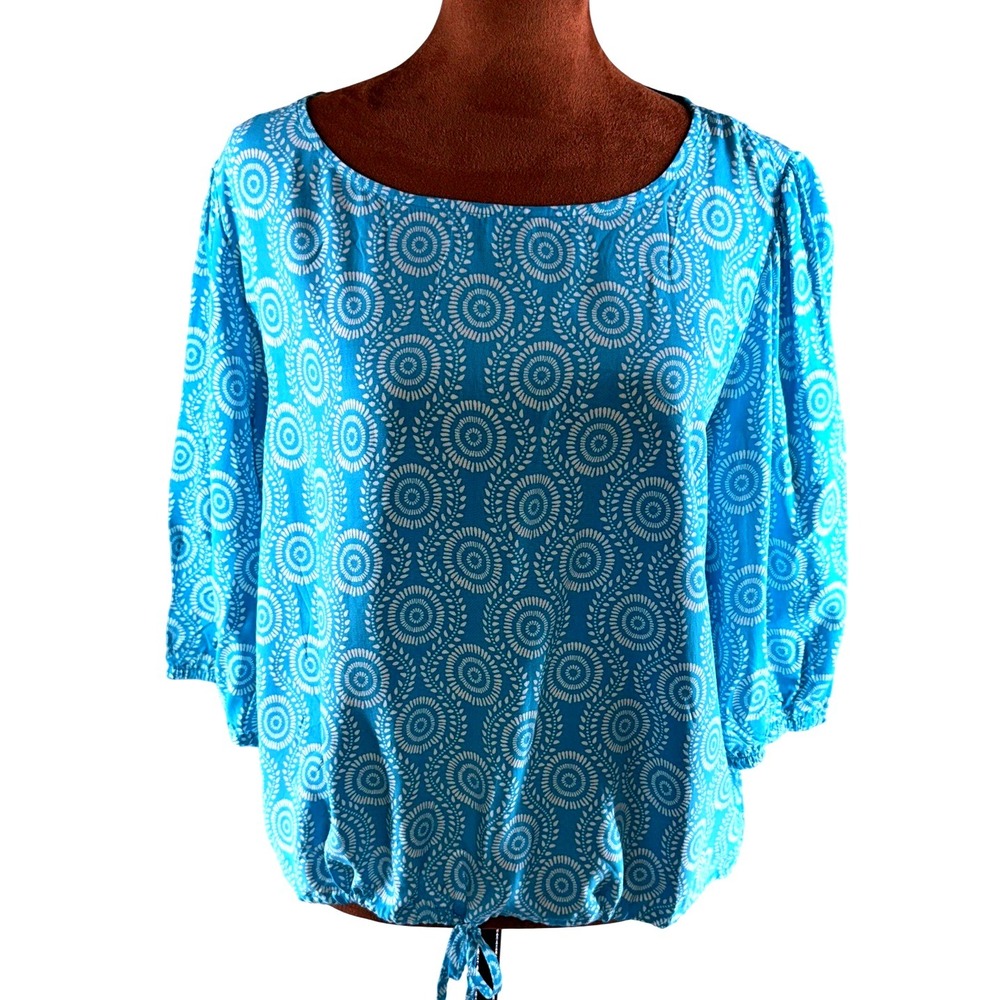 Piombo Blue Print Blouse Women XXL (Fits XL) 3/4 Sleeve EcoVero Viscose NWT Top